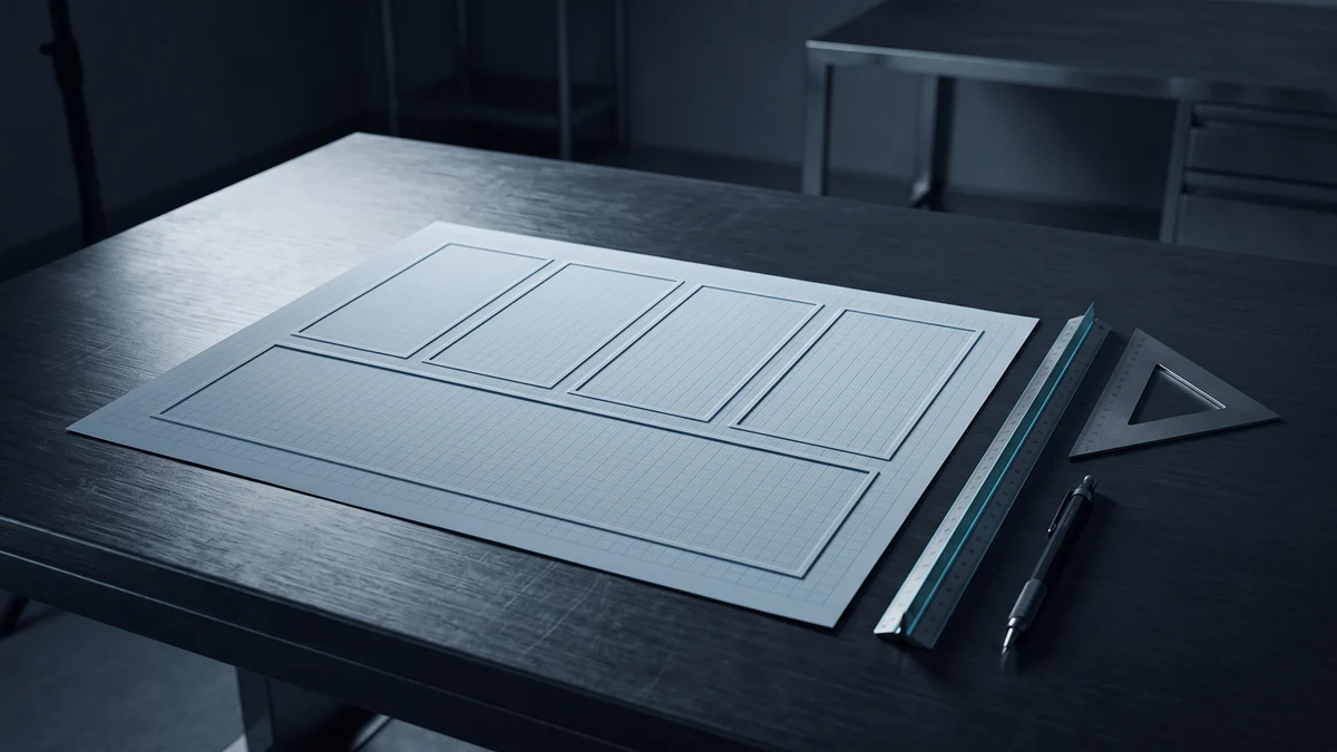 Mesa de desenho escura em luz fria: uma folha quadriculada com molduras retangulares vazias — uma faixa de quatro quadros no alto e um quadro largo embaixo — ao lado de uma régua metálica, um esquadro e uma lapiseira. Nenhum número escrito ainda.