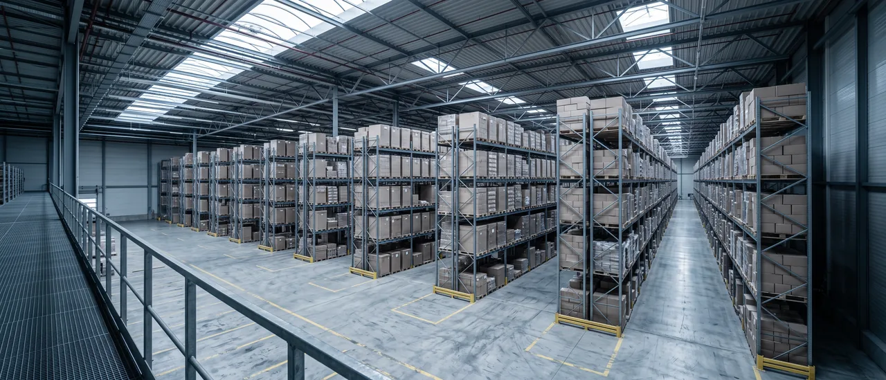 Interior de um centro de distribuição visto de uma passarela elevada, com estruturas porta-paletes e demarcação de piso — a operação onde cada movimentação vira registro no ERP.