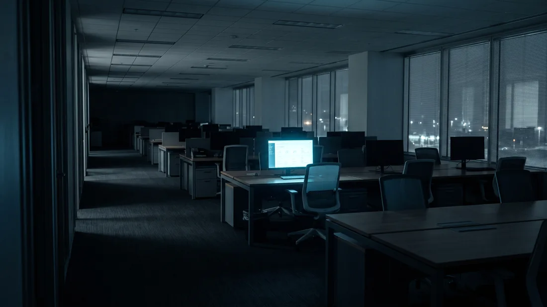 Escritório vazio à noite, mesas arrumadas e sem ninguém, com um único monitor aceso exibindo um painel — a rotina que continua rodando fora do horário.